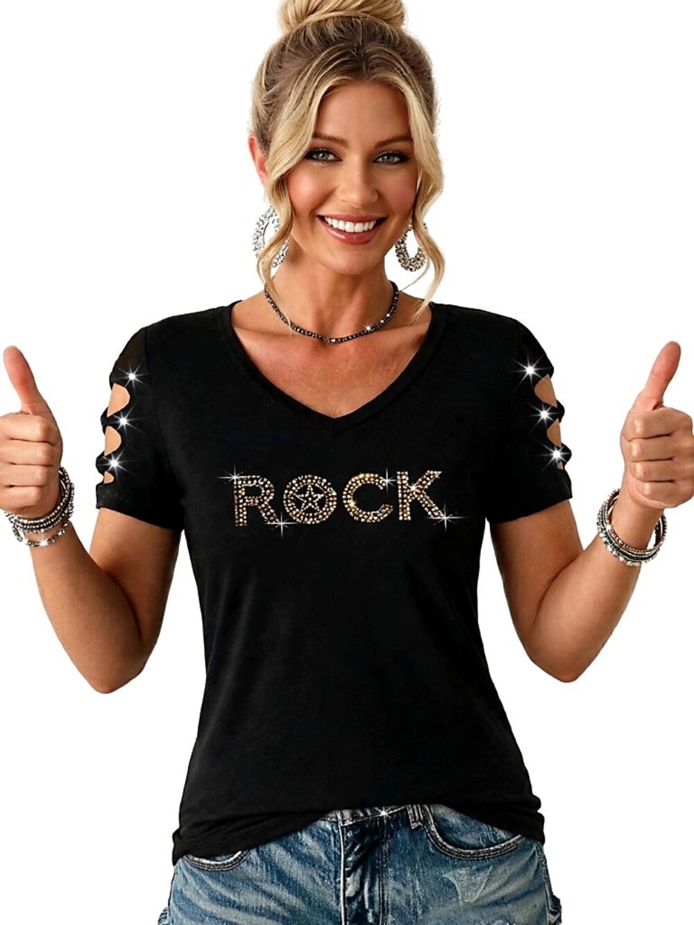 Y2K Rhinestone ROCK Shirt,Women's Cotton Top, Ripped Cut-Out Sleeves, Rock Music